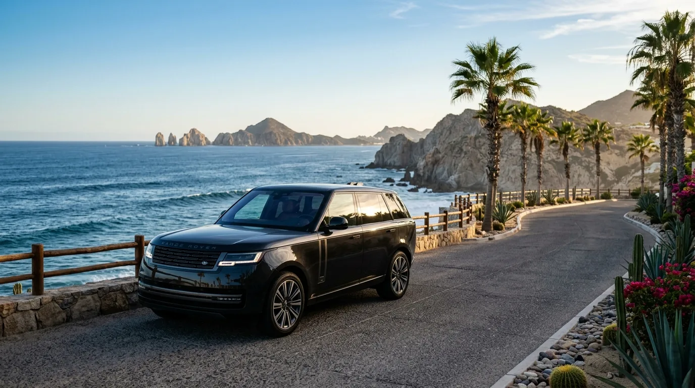 Luxury SUV transportation vehicle parked along the scenic coastal highway in Los Cabos Mexico.
