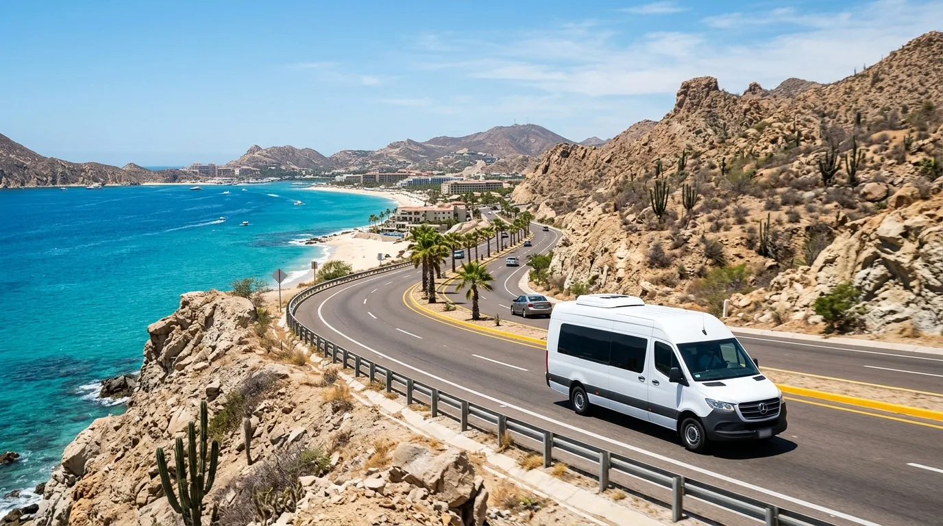 Modern passenger shuttle van driving on the scenic highway between San Jose del Cabo and Cabo San Lucas.