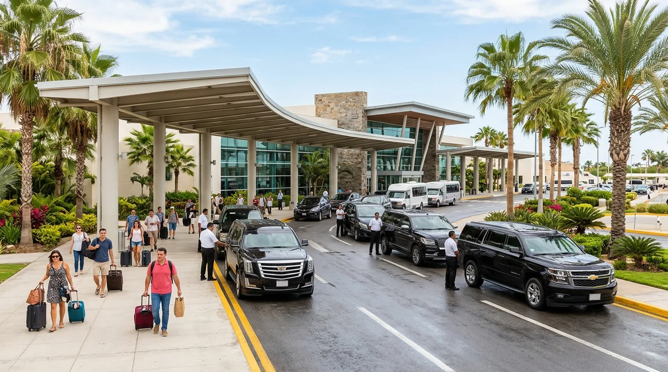 Clean and organized ground transportation pickup zone outside SJD International Airport terminal.
