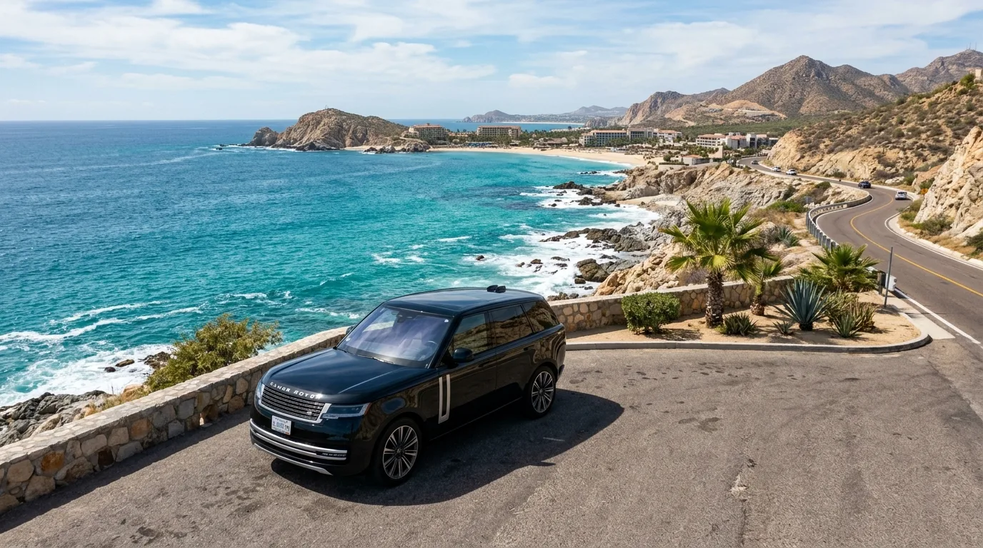 Luxury SUV parked along the scenic coastal highway in Los Cabos overlooking the turquoise ocean.