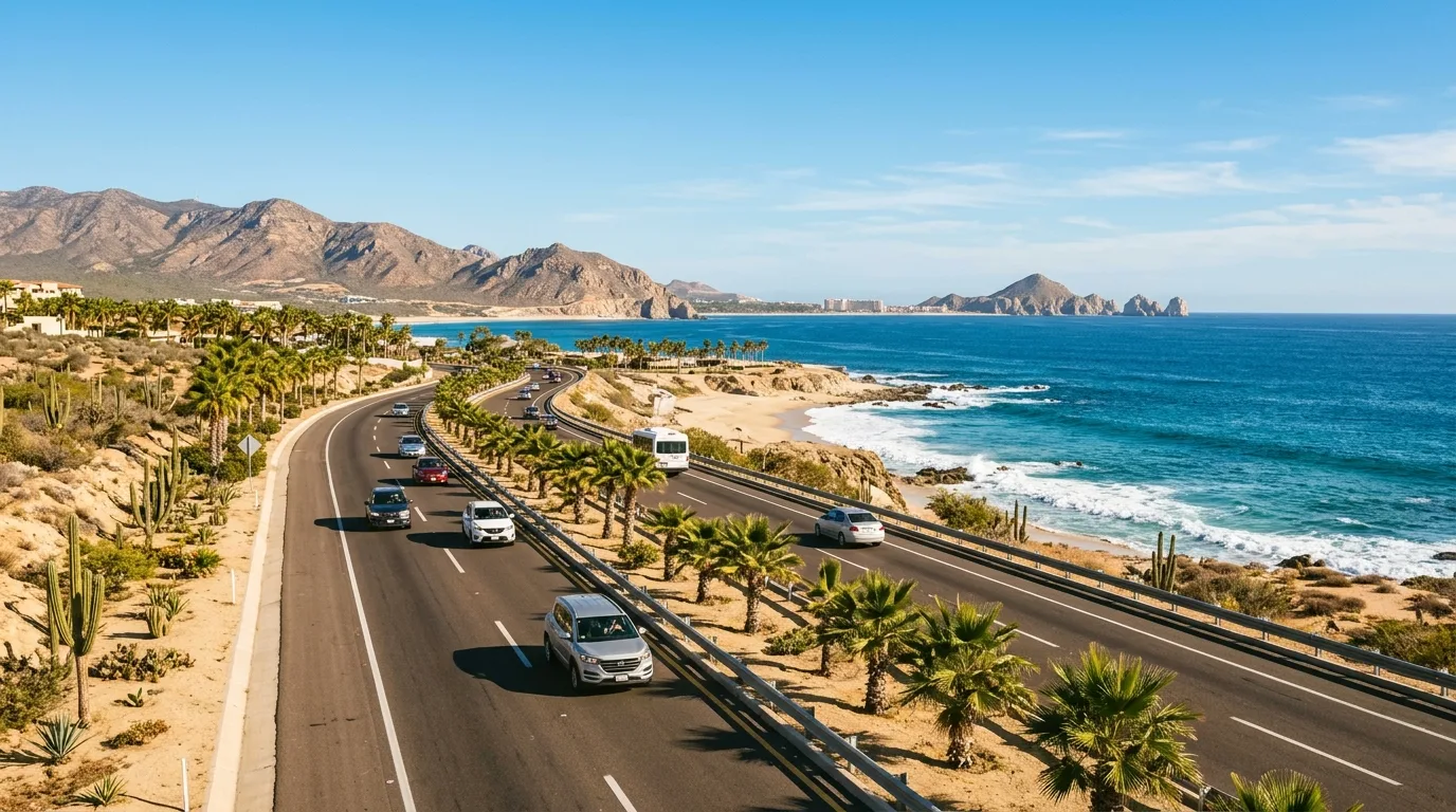 The open highway along the Tourist Corridor connecting San José del Cabo and Cabo San Lucas under sunny skies.