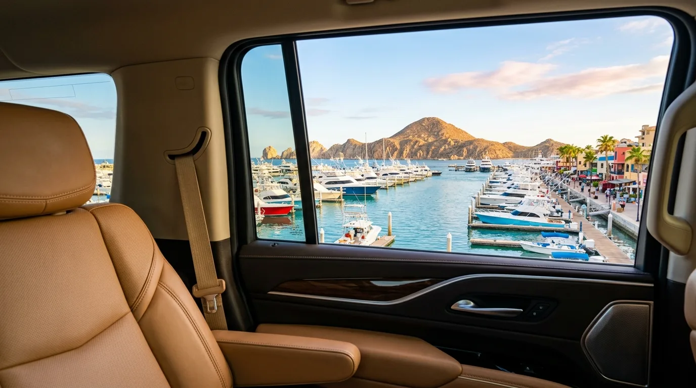 View of the Cabo San Lucas marina filled with yachts viewed from a luxury private transit vehicle.