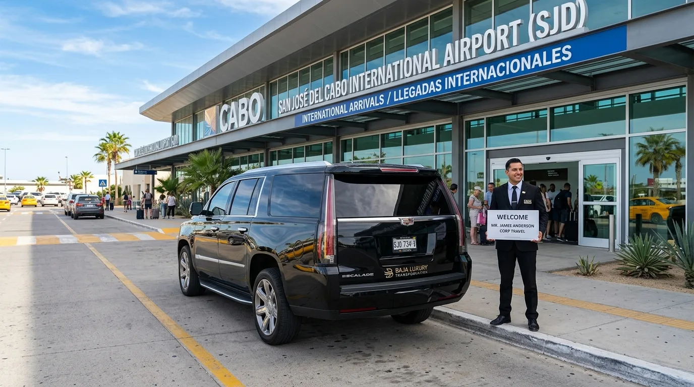 Black luxury SUV providing corporate airport transportation at San Jose del Cabo International Airport Terminal SJD