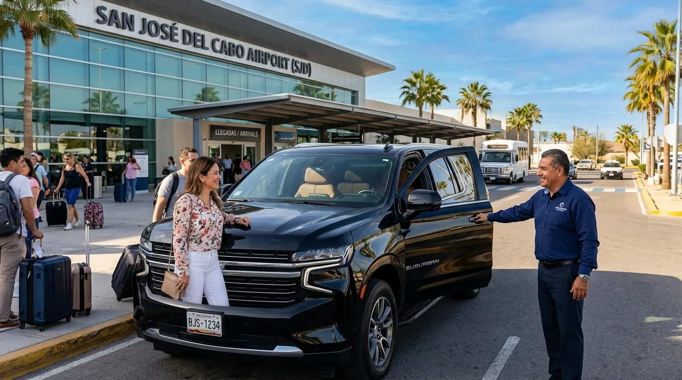 Private luxury SUV holding door open for passengers at SJD Airport for a Los Cabos Tourist Corridor airport transfer.
