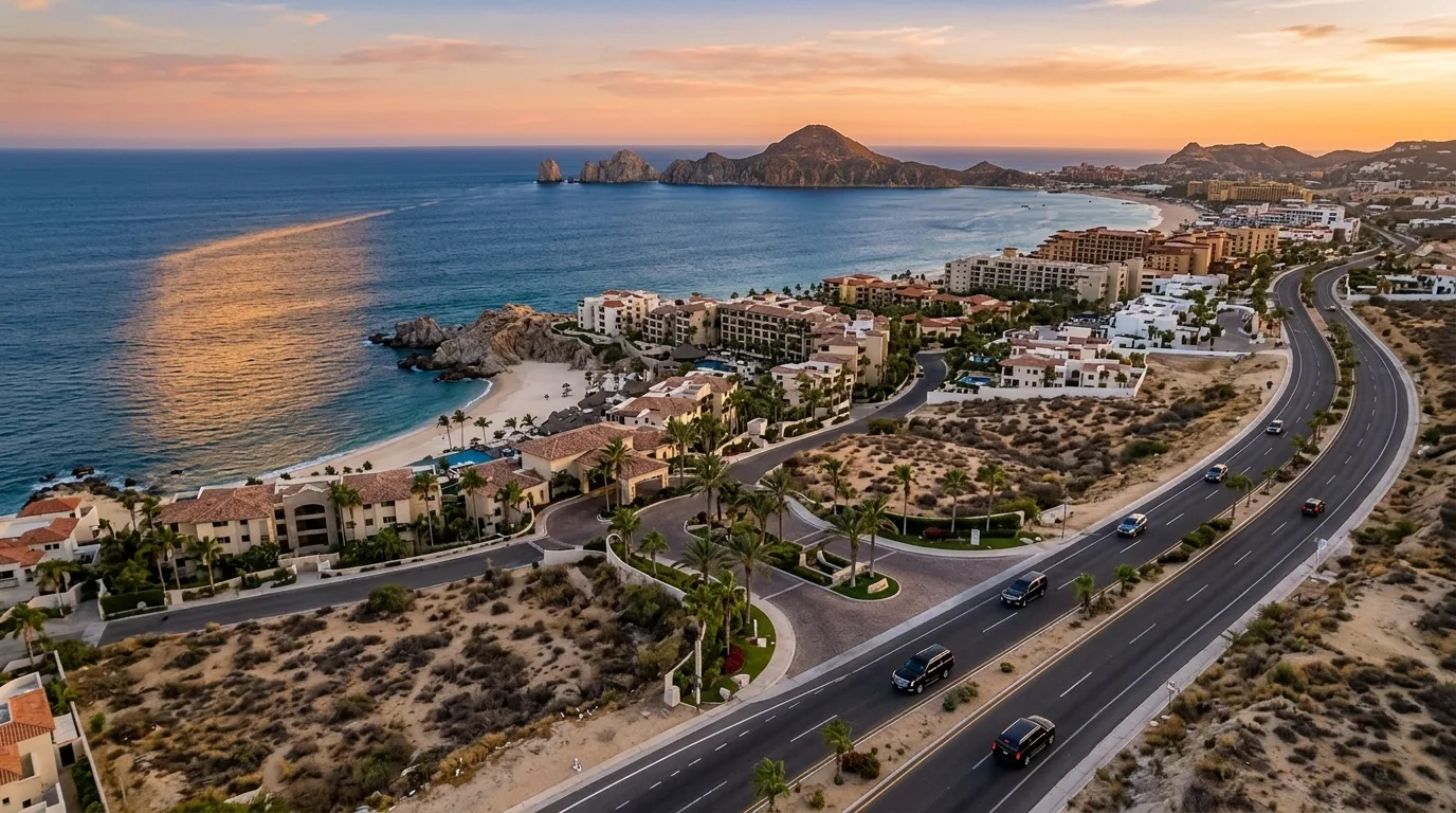 Private transportation van traveling along Highway 1 in the Los Cabos Tourist Corridor with ocean views.