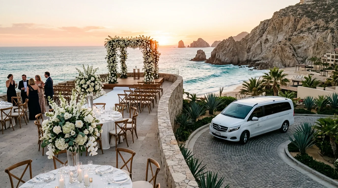 Oceanfront destination wedding venue setup in Los Cabos during golden hour with luxury transportation vehicle nearby
