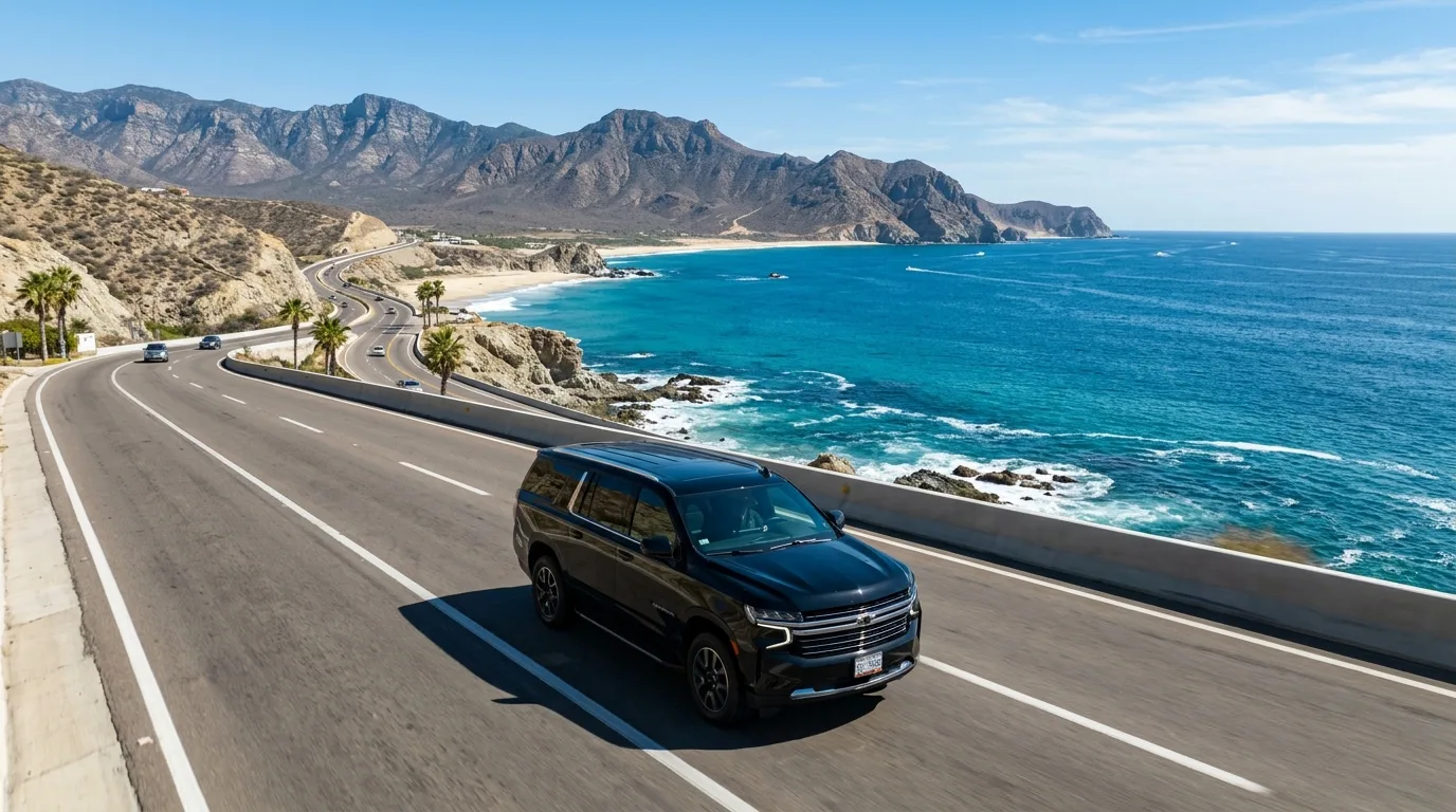 Luxury SUV driving on the scenic coastal highway in Los Cabos for private wedding group transfer
