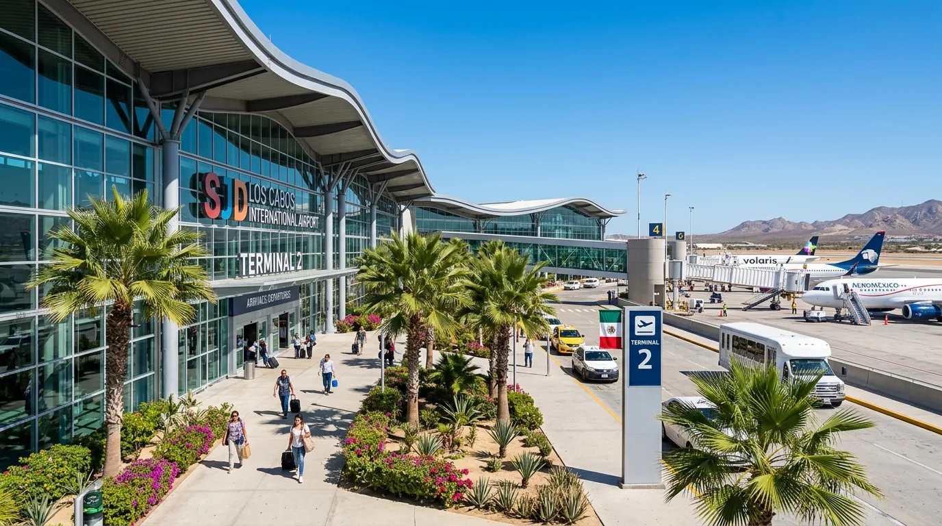 Modern exterior view of Los Cabos International Airport SJD Terminal 2 under clear blue skies with palm trees
