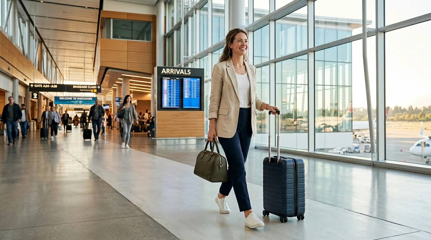 Traveler walking through a bright modern SJD airport concourse after arriving in Los Cabos
