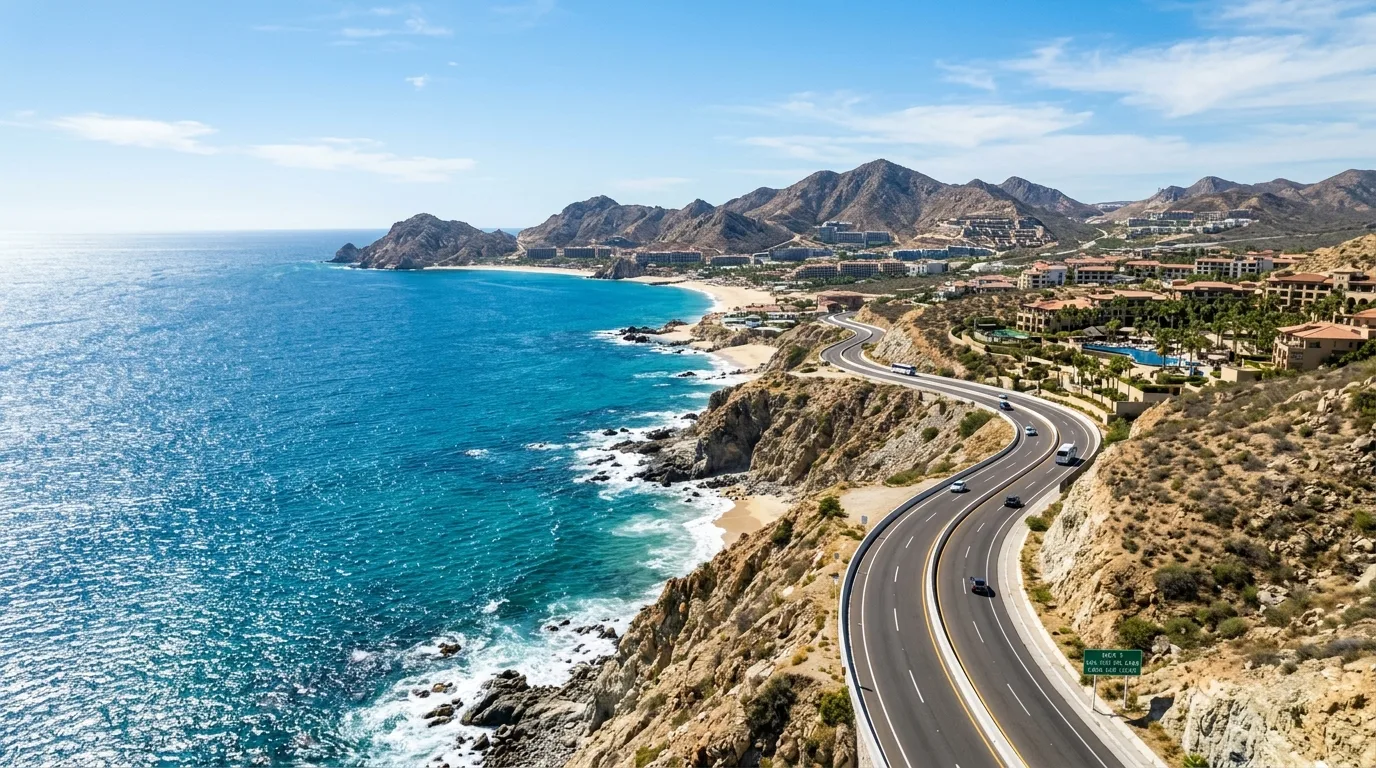 Scenic coastal highway in Los Cabos connecting SJD airport to resort areas along the corridor