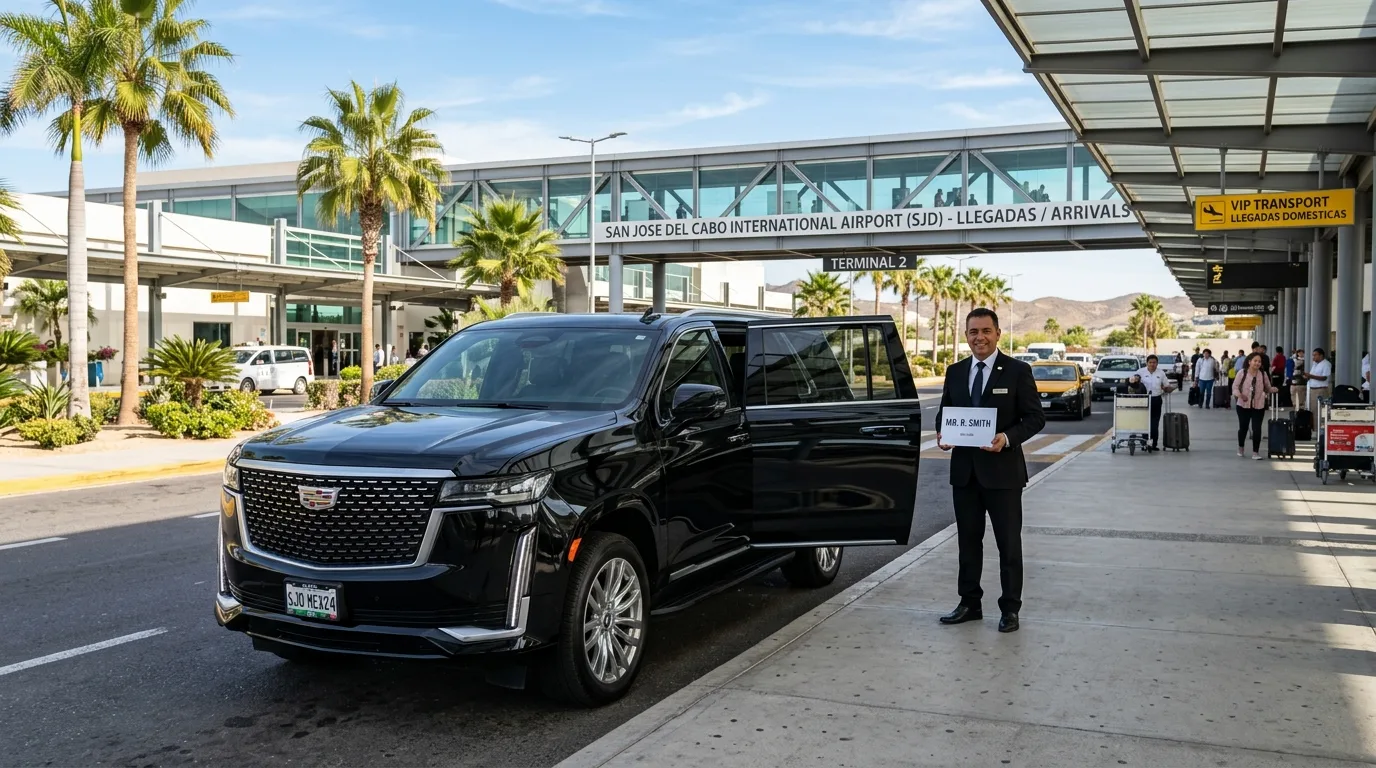 Professional chauffeur standing with luxury SUV outside SJD airport arrivals terminal in San Jose del Cabo.