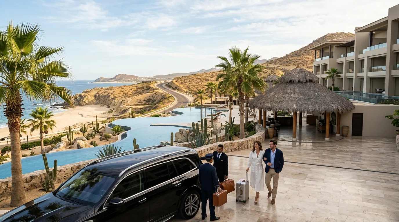 Comfortable luxury SUV interior traveling along the Los Cabos Tourist Corridor highway toward Cabo San Lucas.