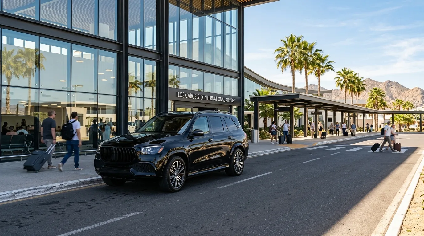 Luxury SUV parked outside the SJD Airport terminal ready for private arrival transportation in Los Cabos.