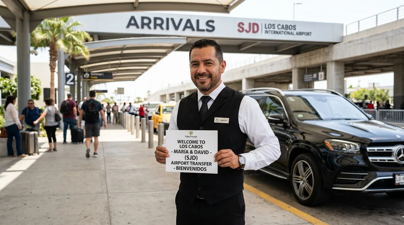 Professional driver waiting with a welcome sign outside the Los Cabos airport terminal exit.