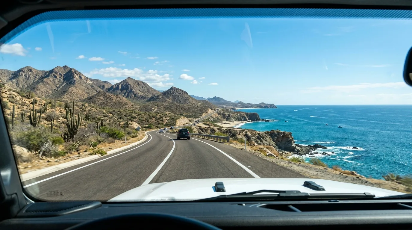 Scenic view along the Los Cabos highway corridor connecting SJD Airport to resort destinations.