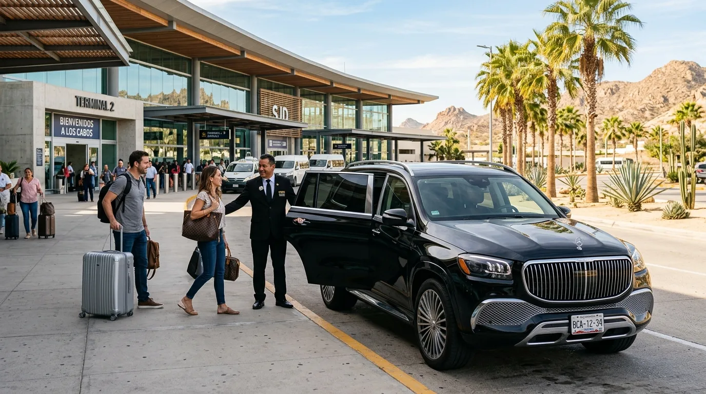Private luxury SUV transfer service waiting outside SJD Airport terminal for passengers traveling to Pacific Zone resorts.