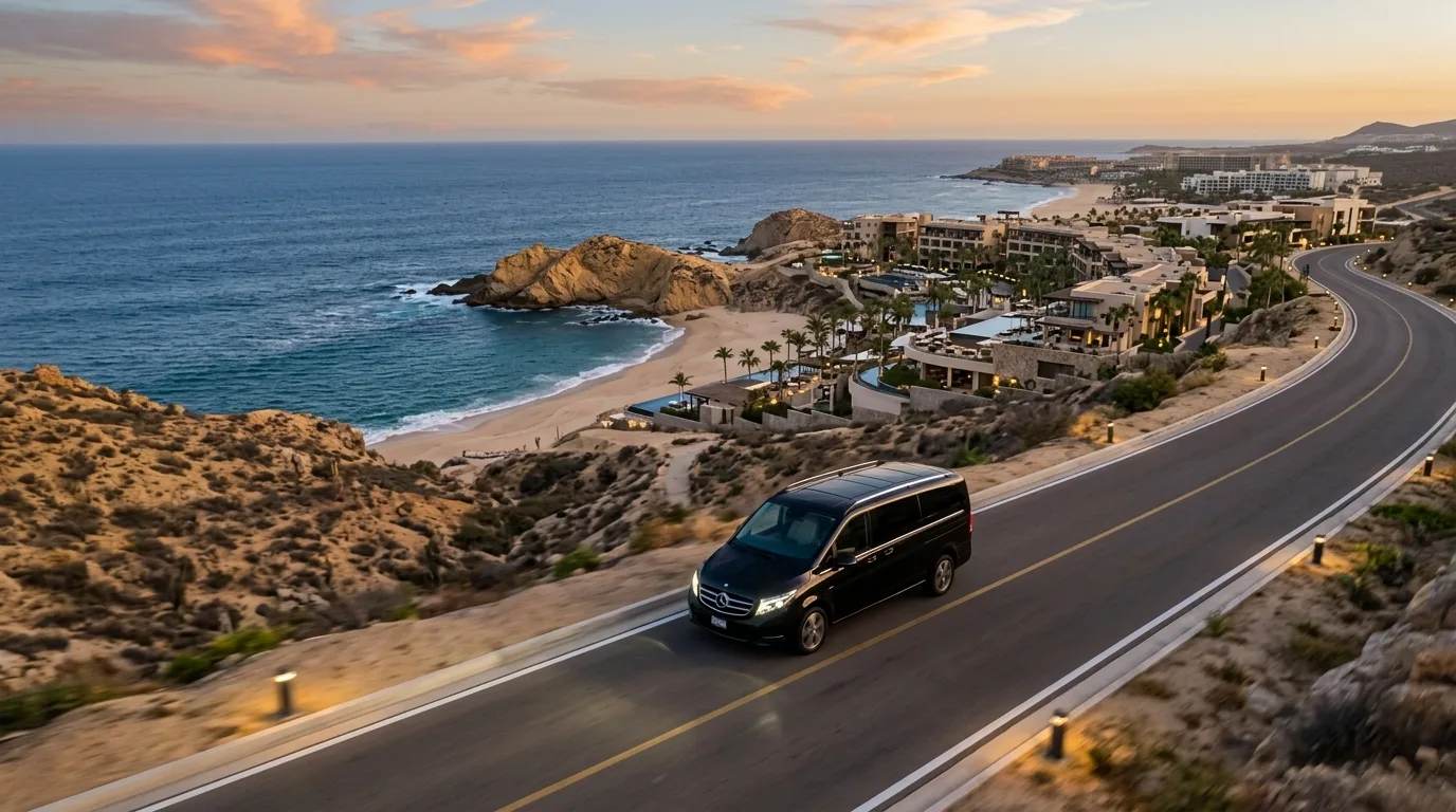 Luxury vehicle driving along Baja coastal highway toward Pacific Zone resorts in Cabo San Lucas.