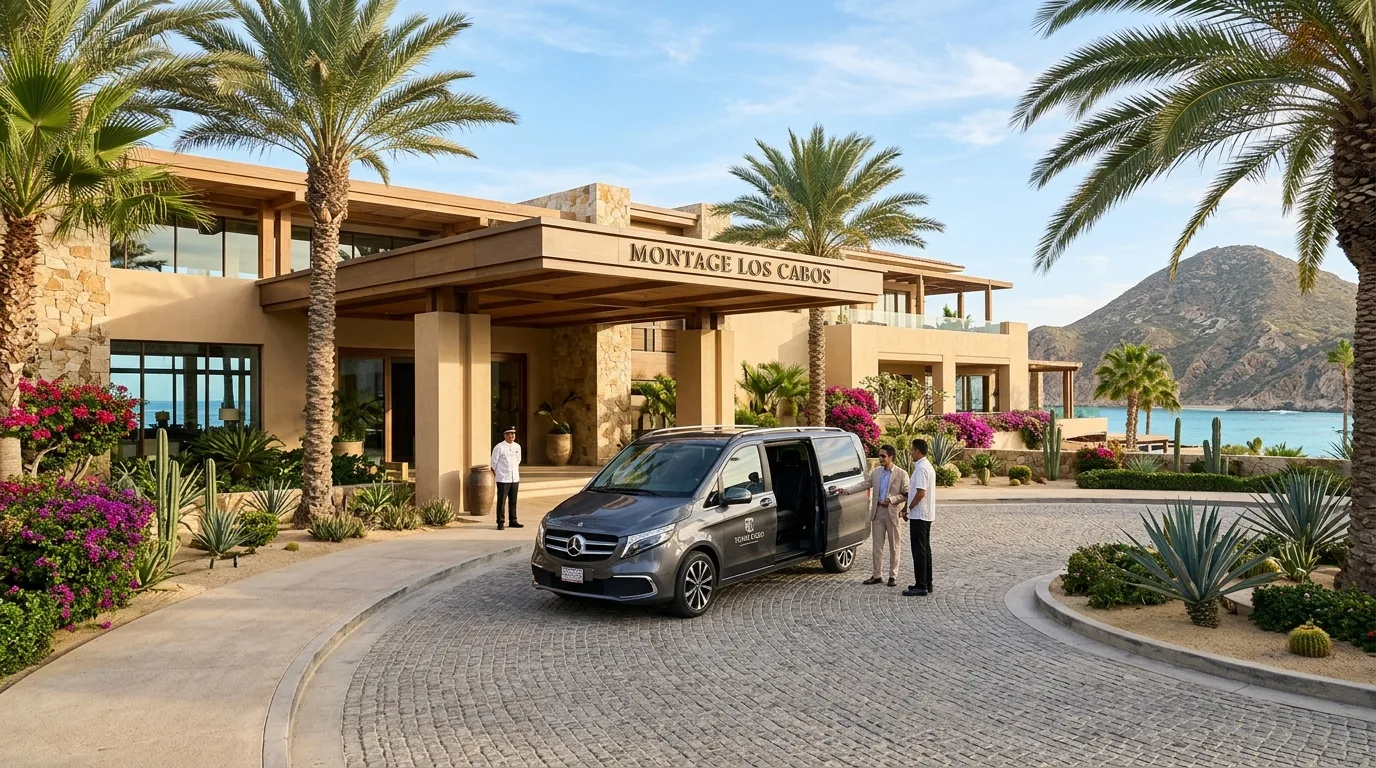 A luxury passenger van parked outside a Los Cabos luxury resort entrance for group airport transportation.