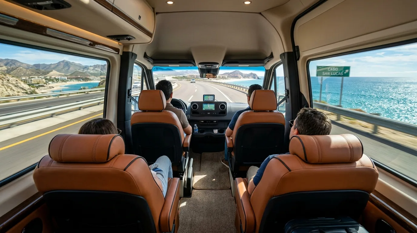Interior view of a modern passenger van traveling along the Los Cabos coastal highway.