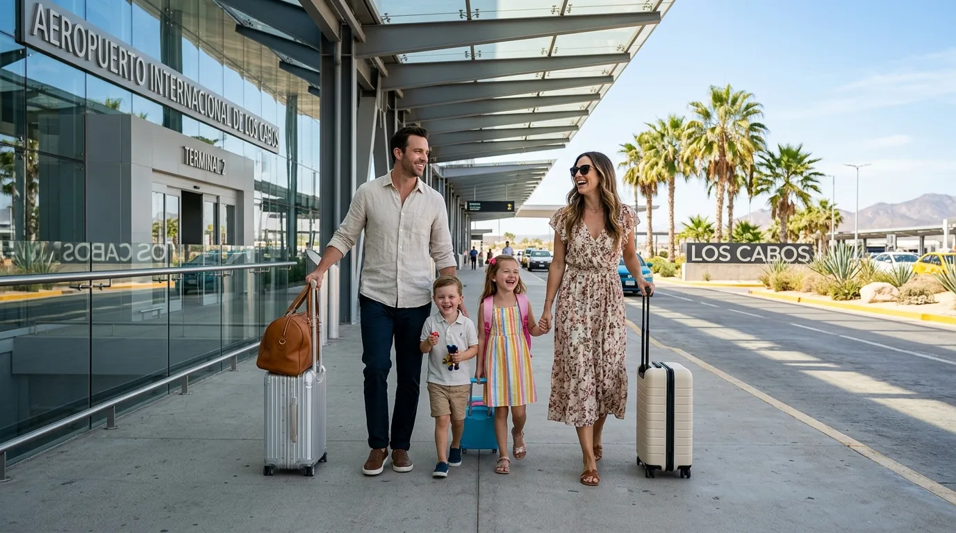 Group of travelers walking with luggage outside the terminal at Los Cabos International Airport.